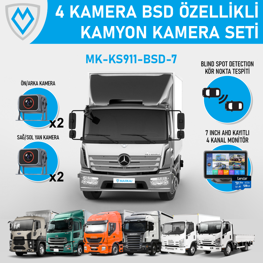 MK-KS911-BSD-7 2 Megapiksel 4 Kameralı 7 Inch Dokunmatik Kayıtlı Monitörlü Kör Nokta Sesli Uyarılı Kamyon/Tır Kamera Seti