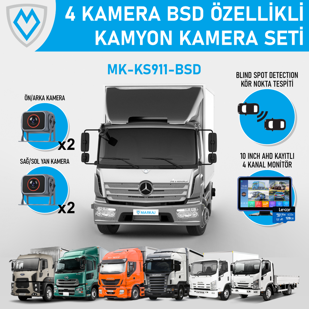 MK-KS911-BSD 2 Megapiksel 4 Kameralı 10.1 Inch Dokunmatik Kayıtlı Monitörlü Kör Nokta Sesli Uyarılı Kamyon/Tır Kamera Seti