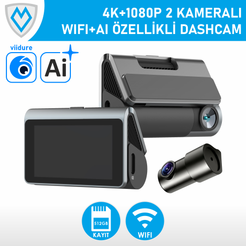 MK-312W-AI Viidure Wifi+AI Özellikli 2 Kameralı 4K Dashcam Araç Kayıt Cihazı