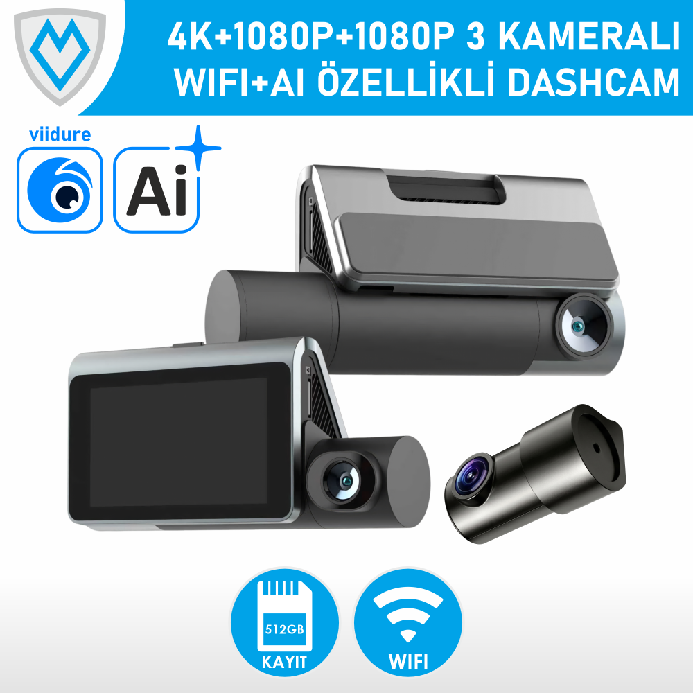 MK-313W-AI Viidure Wifi+AI Özellikli 3 Kameralı 4K Dashcam Araç Kayıt Cihazı