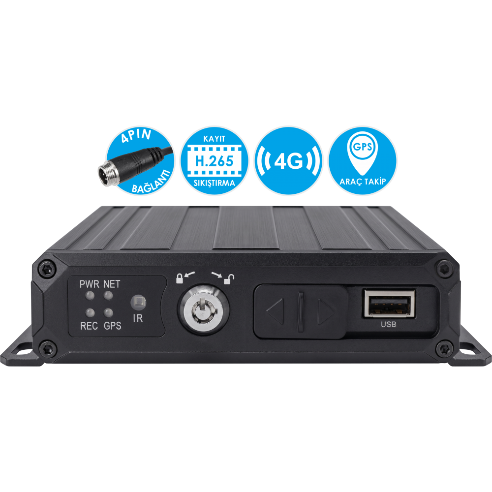 MK-514PG CMSV6 Dahili 4G/GPS Özellikli 2MP H.265 4 Kanal 4 Pin Araç Kayıt Cihazı